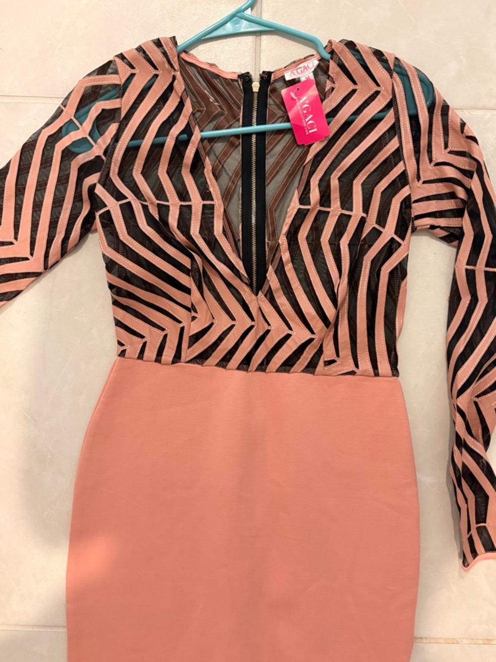 a'gaci Blush Pink and Black Long Sleeve Sheath Dress